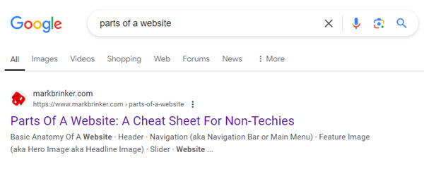 Google search - parts of a website