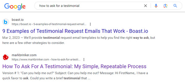 Google search results: how to ask for testimonial